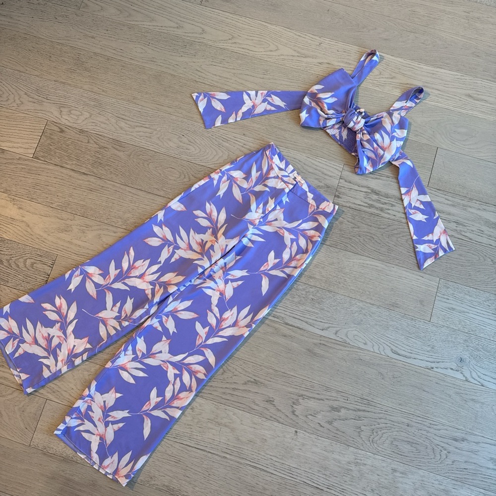 Purple and pink floral print crop top and wide leg pants set size small